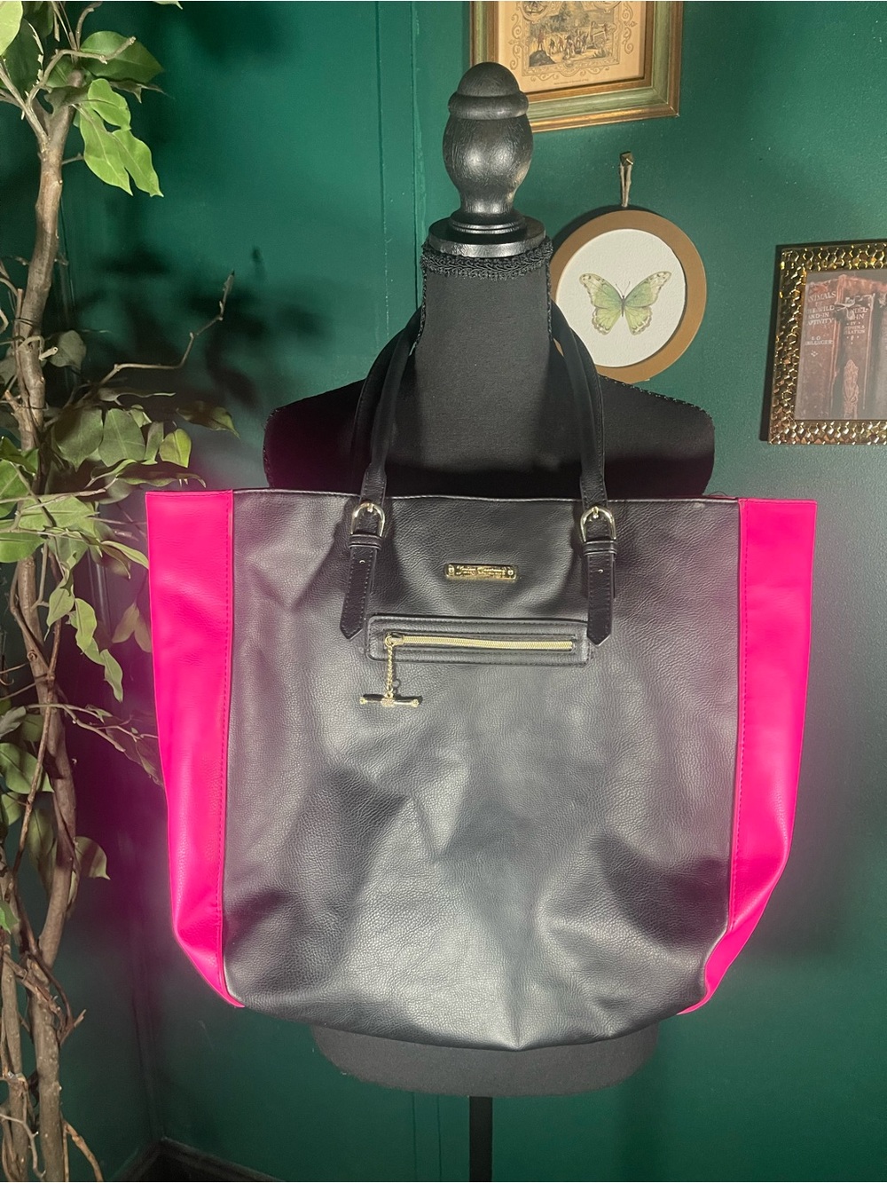 Juicy Couture Black and Hot Pink Tote Bag with Gold Hardware